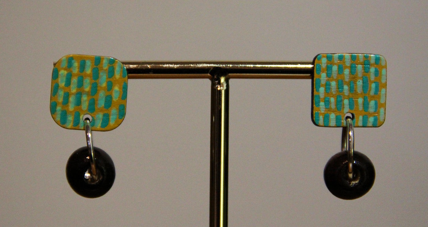 Yellow and Teal Striped Wood Rectangular Earrings