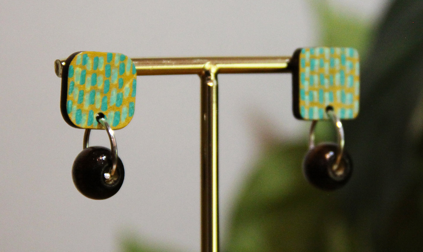 Yellow and Teal Striped Wood Rectangular Earrings