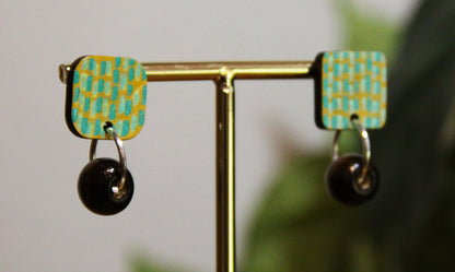 Yellow and Teal Striped Wood Rectangular Earrings