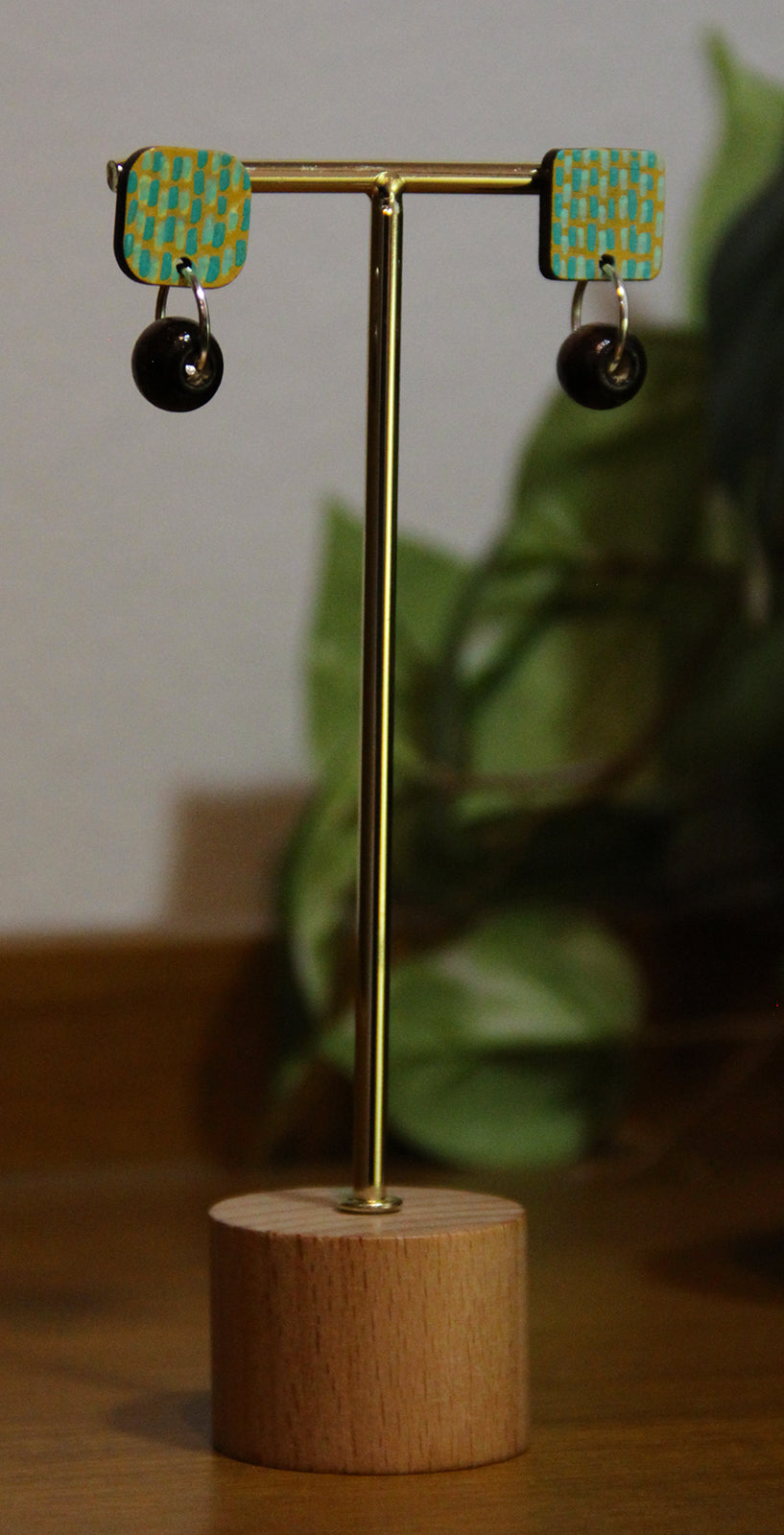 Yellow and Teal Striped Wood Rectangular Earrings