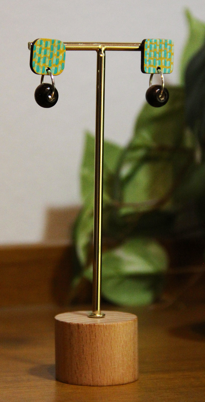 Yellow and Teal Striped Wood Rectangular Earrings