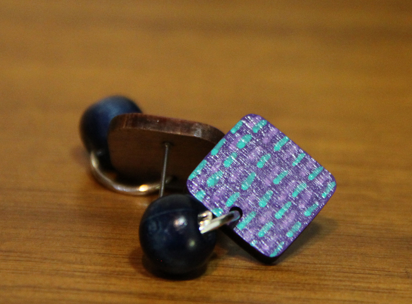 Purple and Blue Striped Wood Rectangular Earrings