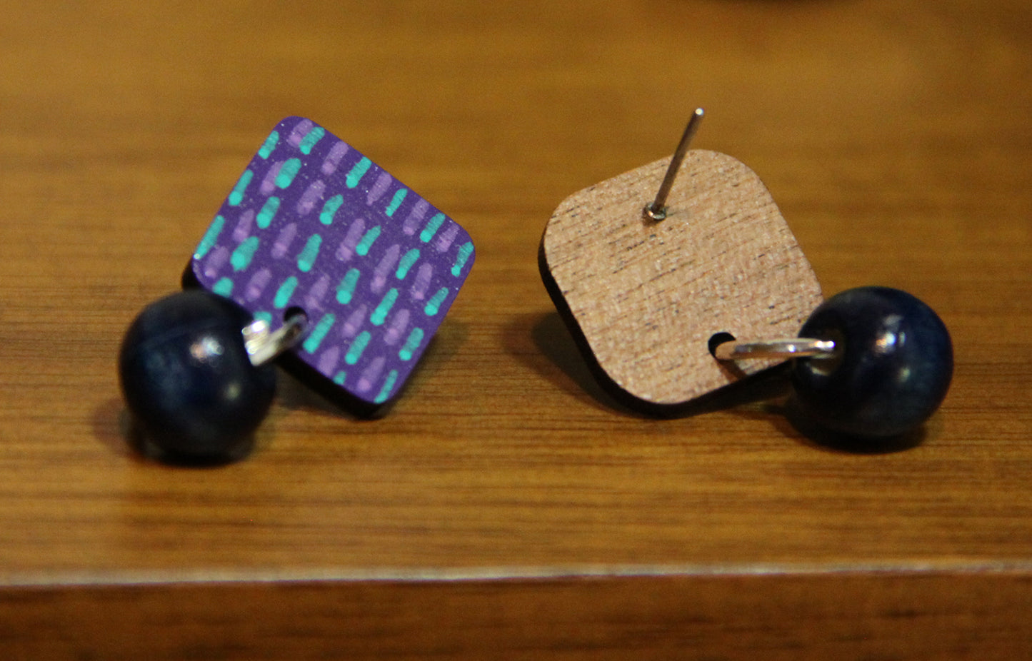 Purple and Blue Striped Wood Rectangular Earrings