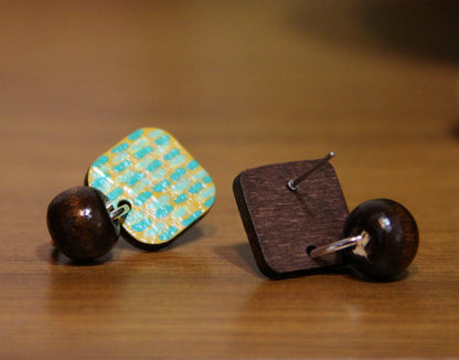Yellow and Teal Striped Wood Rectangular Earrings