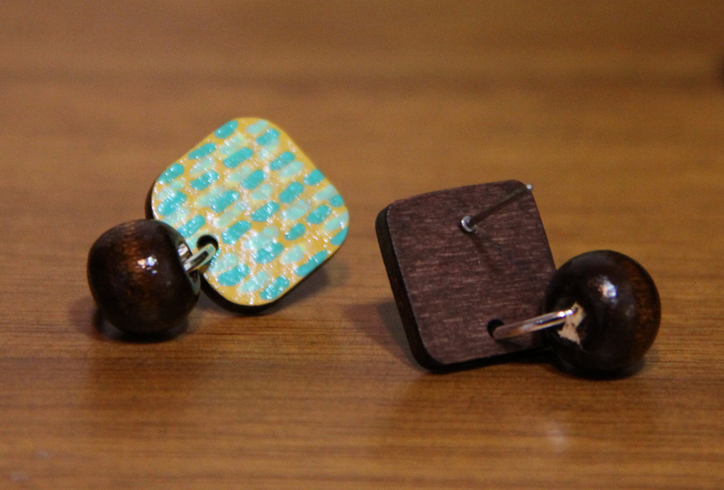 Yellow and Teal Striped Wood Rectangular Earrings