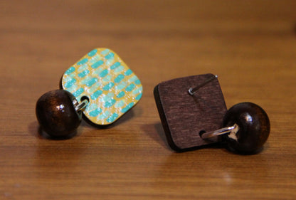 Yellow and Teal Striped Wood Rectangular Earrings
