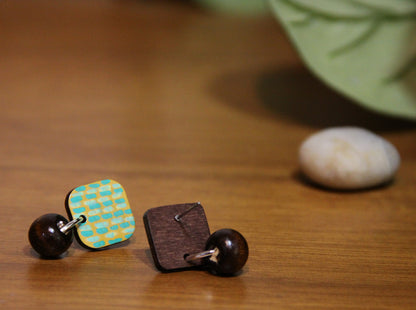 Yellow and Teal Striped Wood Rectangular Earrings