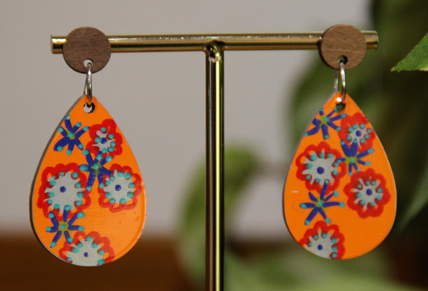 Orange Floral Design Small Teardrop Earrings