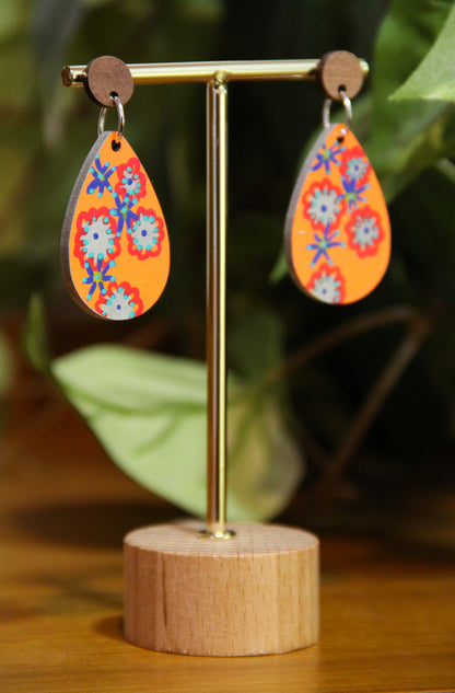 Orange Floral Design Small Teardrop Earrings