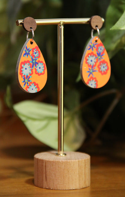Orange Floral Design Small Teardrop Earrings