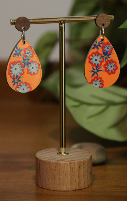 Orange Floral Design Small Teardrop Earrings