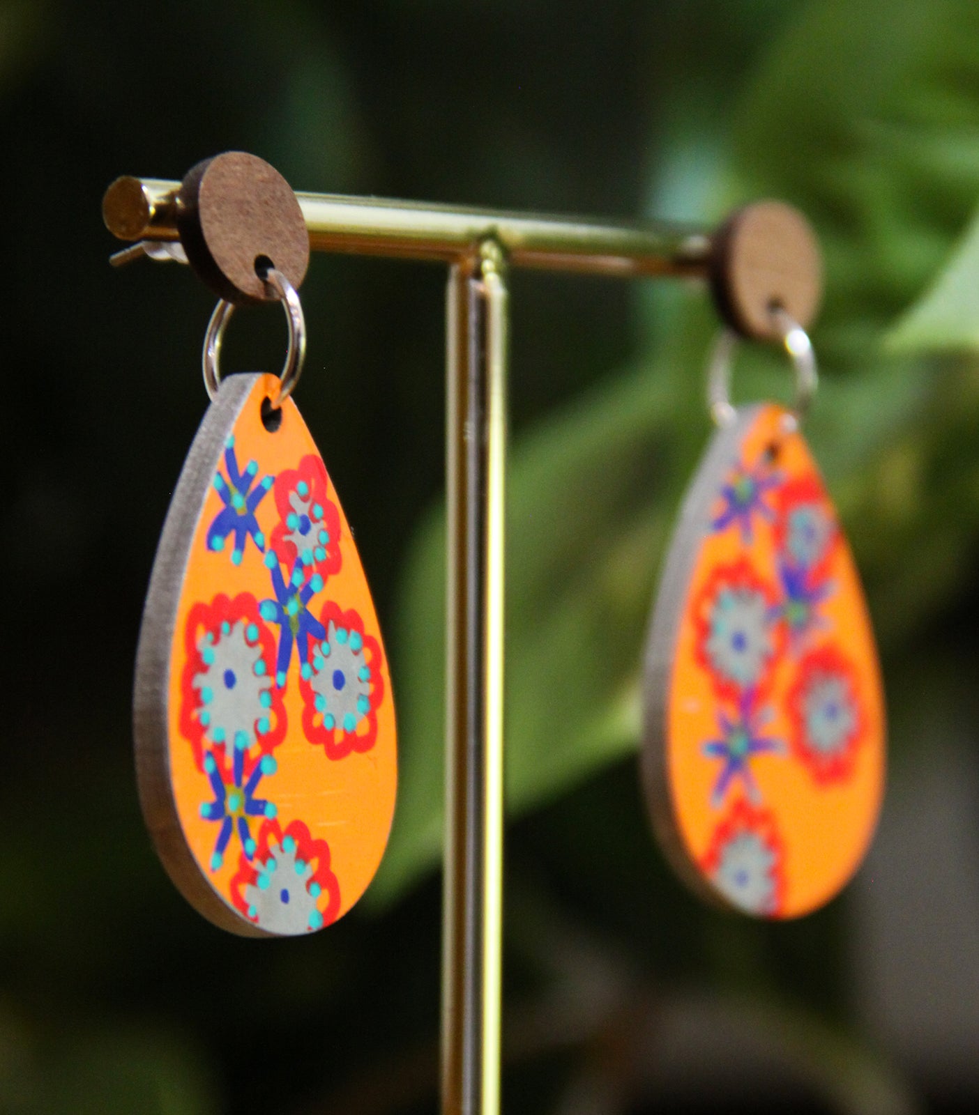 Orange Floral Design Small Teardrop Earrings