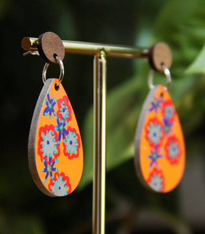 Orange Floral Design Small Teardrop Earrings