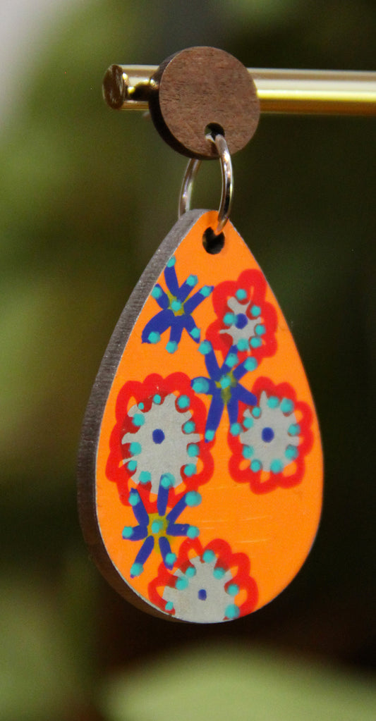 Orange Floral Design Small Teardrop Earrings