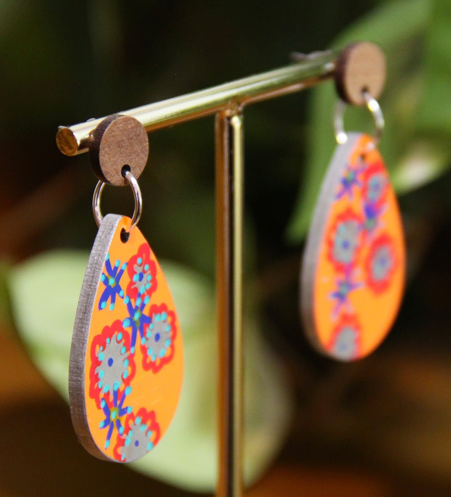 Orange Floral Design Small Teardrop Earrings