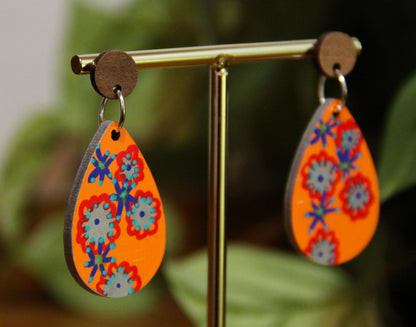 Orange Floral Design Small Teardrop Earrings