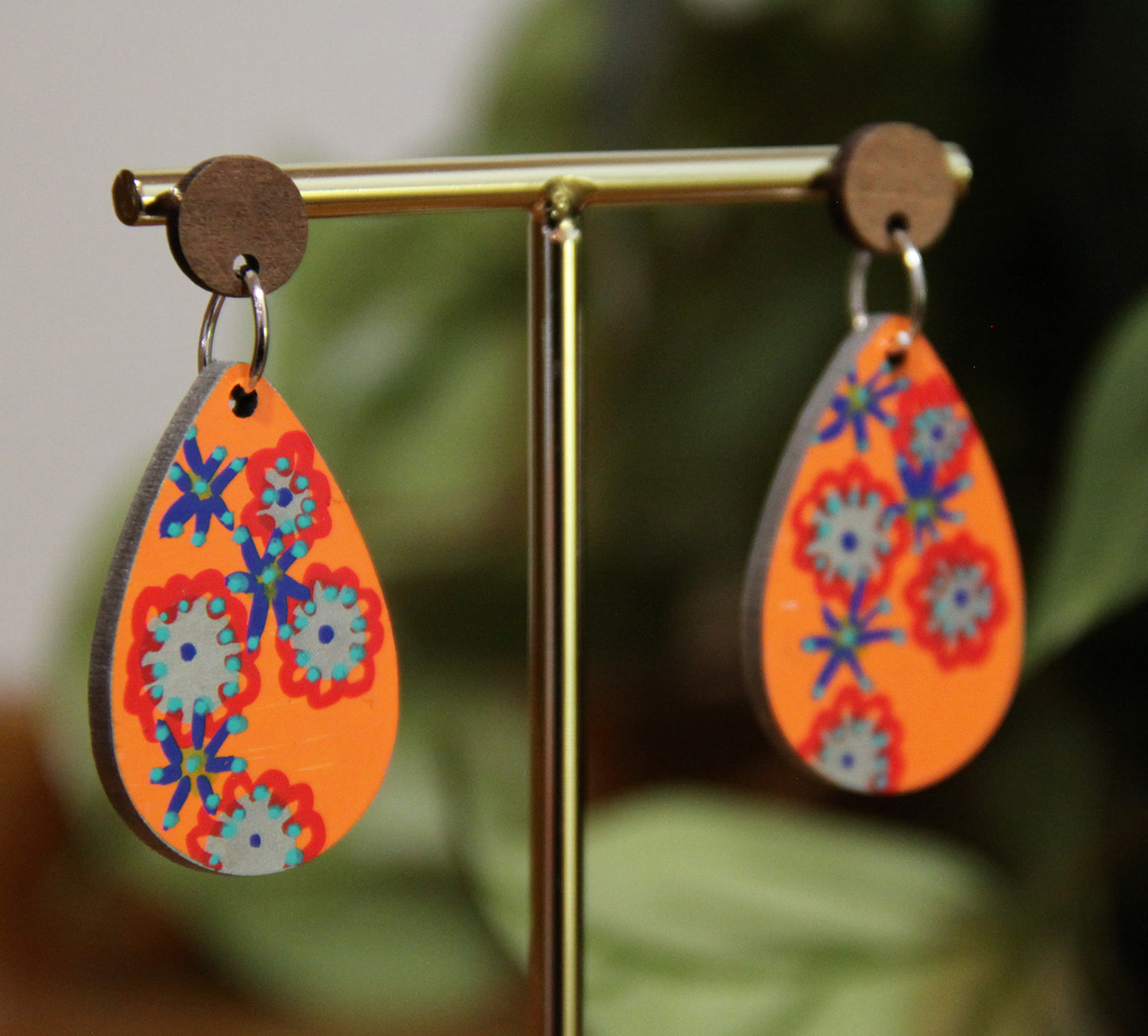 Orange Floral Design Small Teardrop Earrings