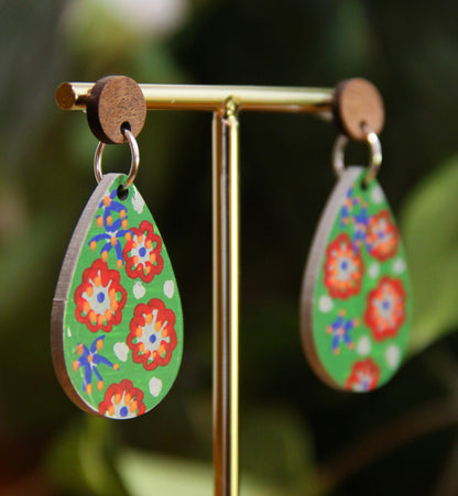 Green Floral Design Small Teardrop Earrings