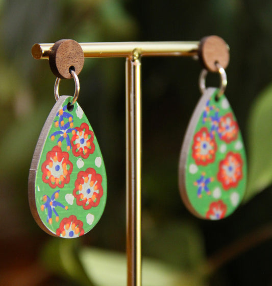 Green Floral Design Small Teardrop Earrings