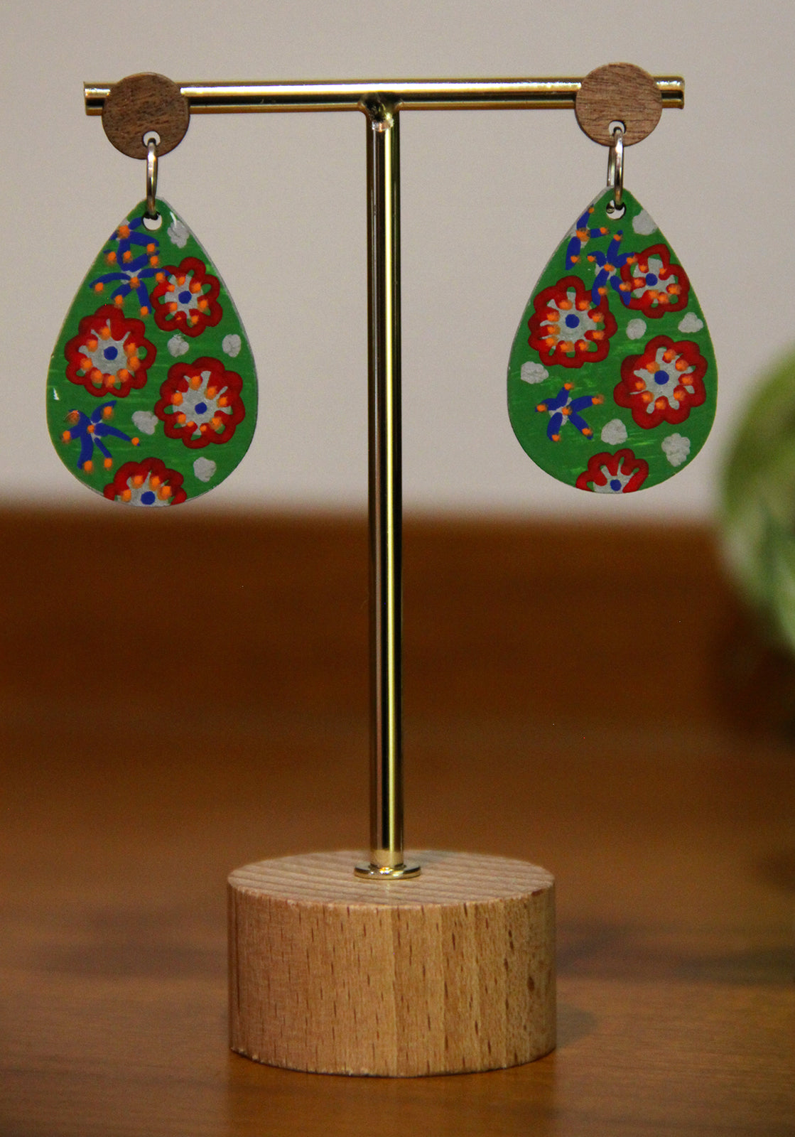 Green Floral Design Small Teardrop Earrings