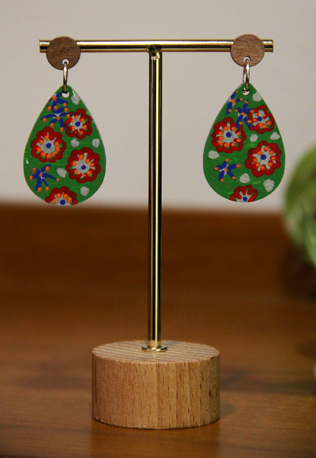 Green Floral Design Small Teardrop Earrings