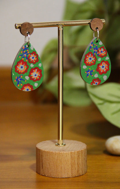 Green Floral Design Small Teardrop Earrings