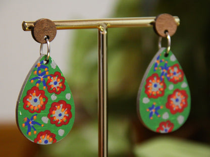 Green Floral Design Small Teardrop Earrings