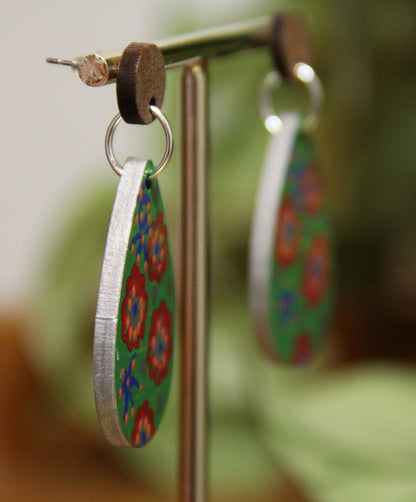 Green Floral Design Small Teardrop Earrings