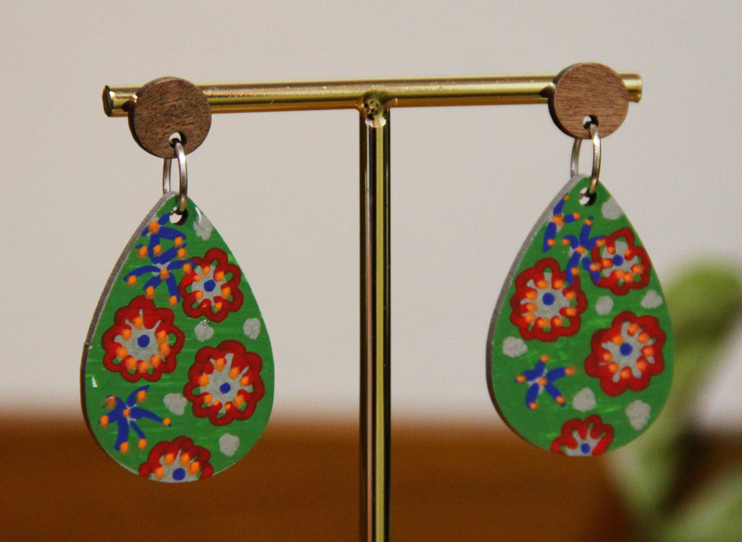 Green Floral Design Small Teardrop Earrings