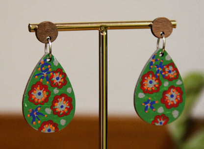 Green Floral Design Small Teardrop Earrings