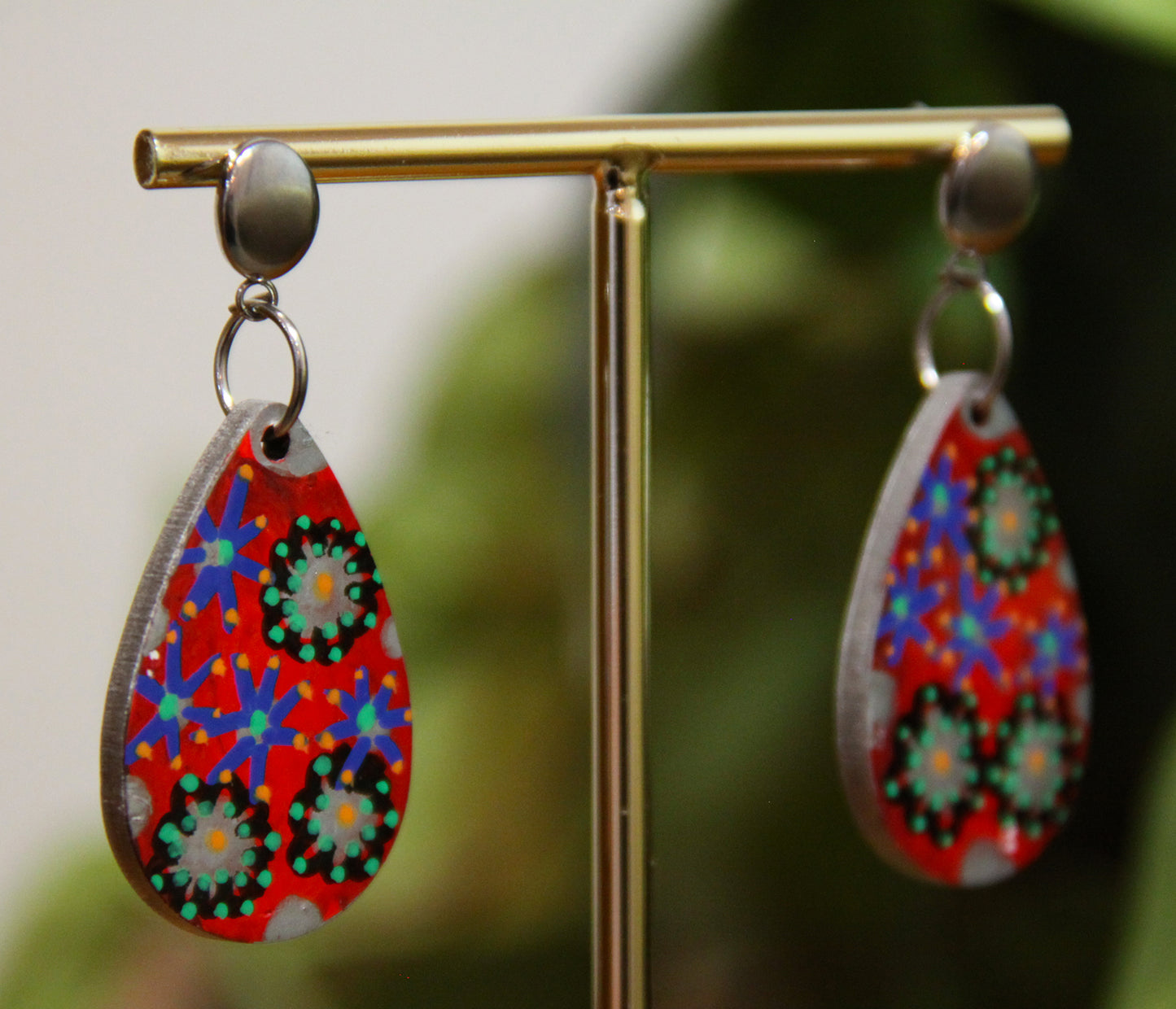 Red Floral Design Small Teardrop Earrings