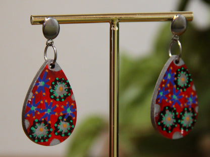 Red Floral Design Small Teardrop Earrings