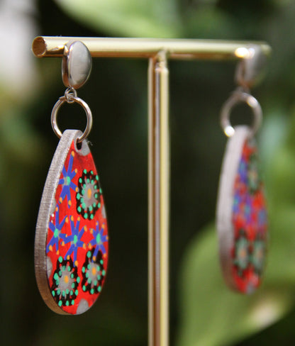 Red Floral Design Small Teardrop Earrings