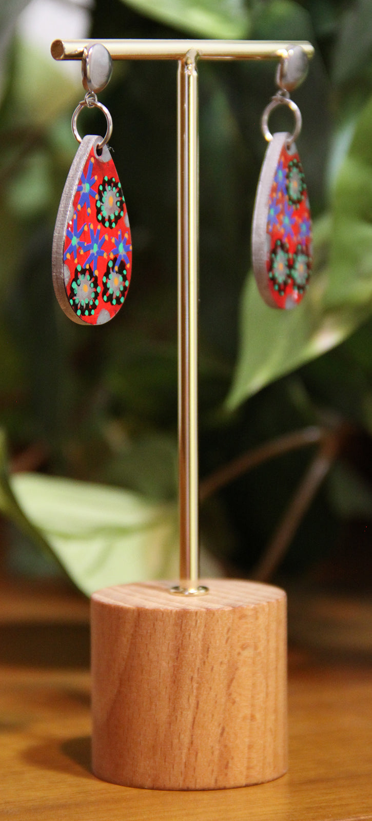 Red Floral Design Small Teardrop Earrings