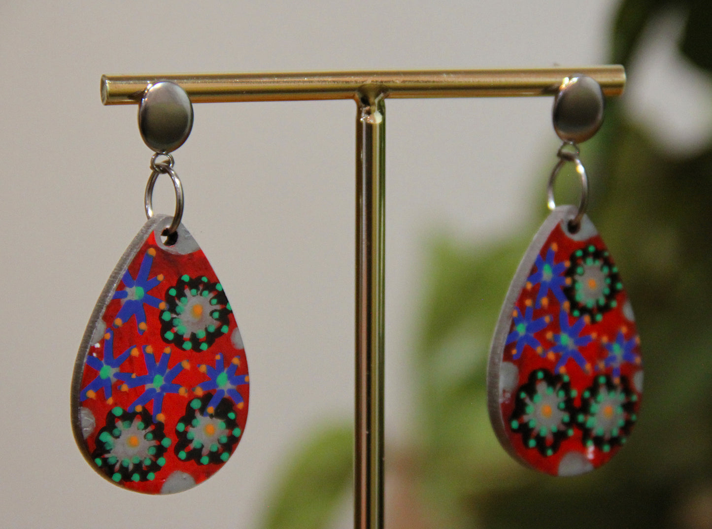 Red Floral Design Small Teardrop Earrings