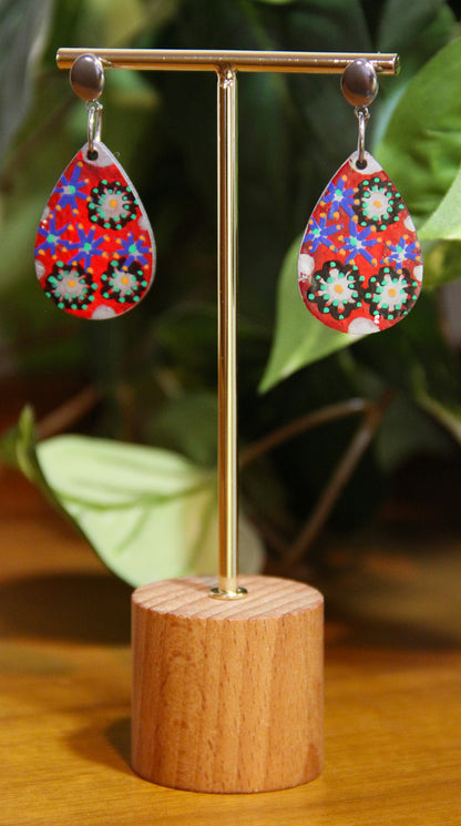 Red Floral Design Small Teardrop Earrings