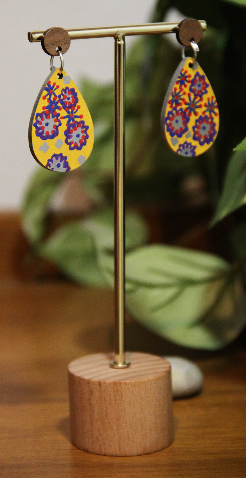 Yellow Floral Design Small Teardrop Earrings