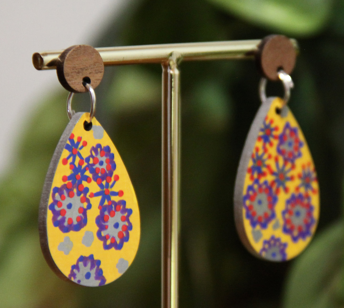Yellow Floral Design Small Teardrop Earrings