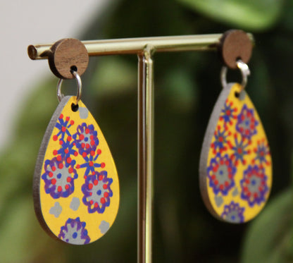 Yellow Floral Design Small Teardrop Earrings