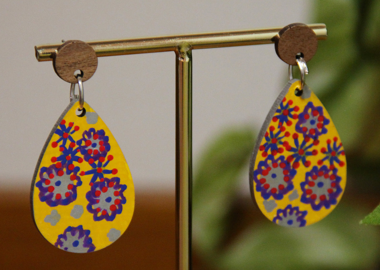 Yellow Floral Design Small Teardrop Earrings