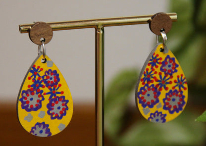 Yellow Floral Design Small Teardrop Earrings