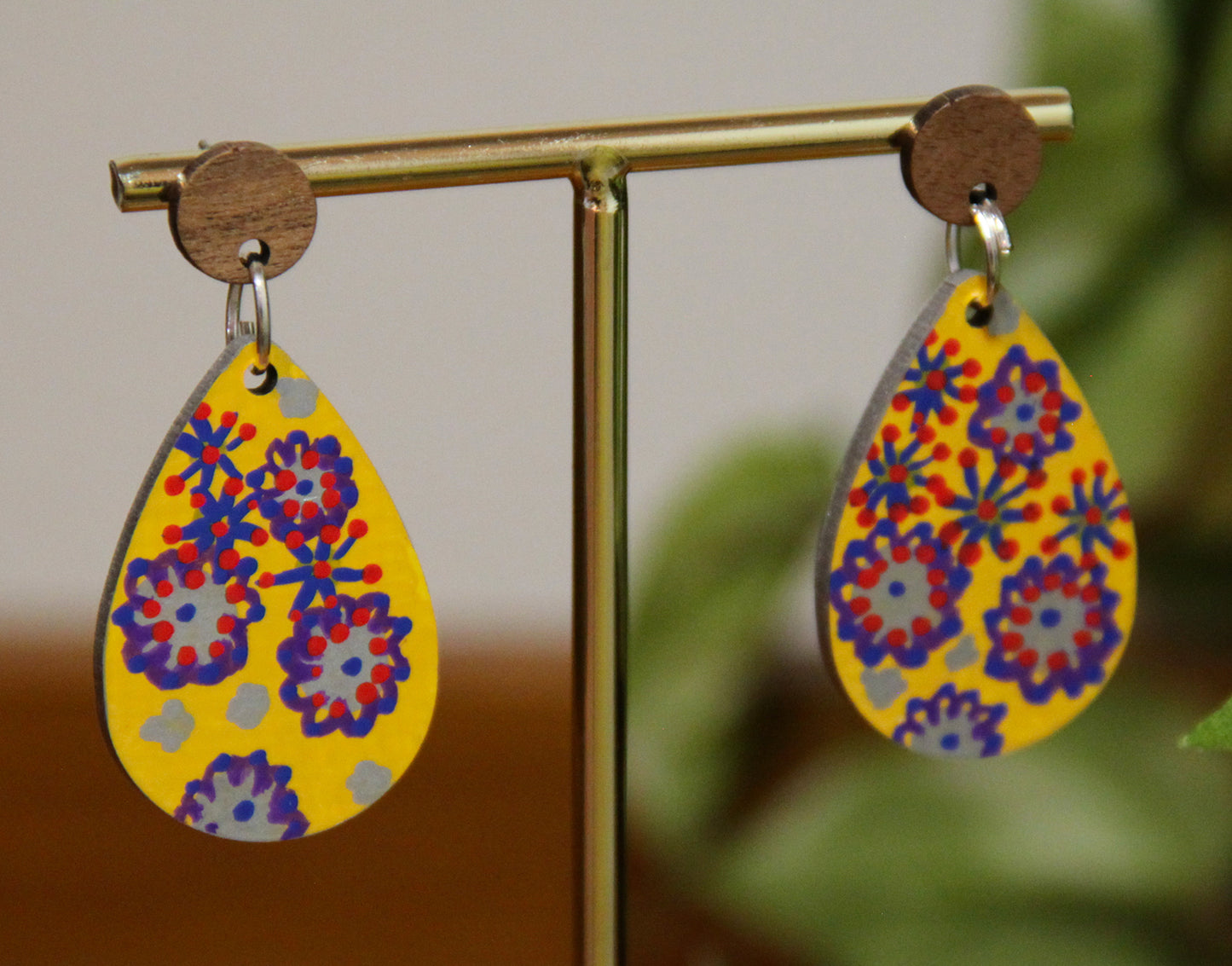 Yellow Floral Design Small Teardrop Earrings