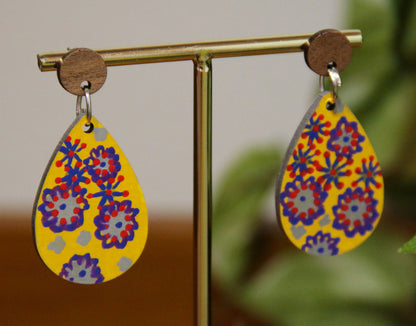 Yellow Floral Design Small Teardrop Earrings