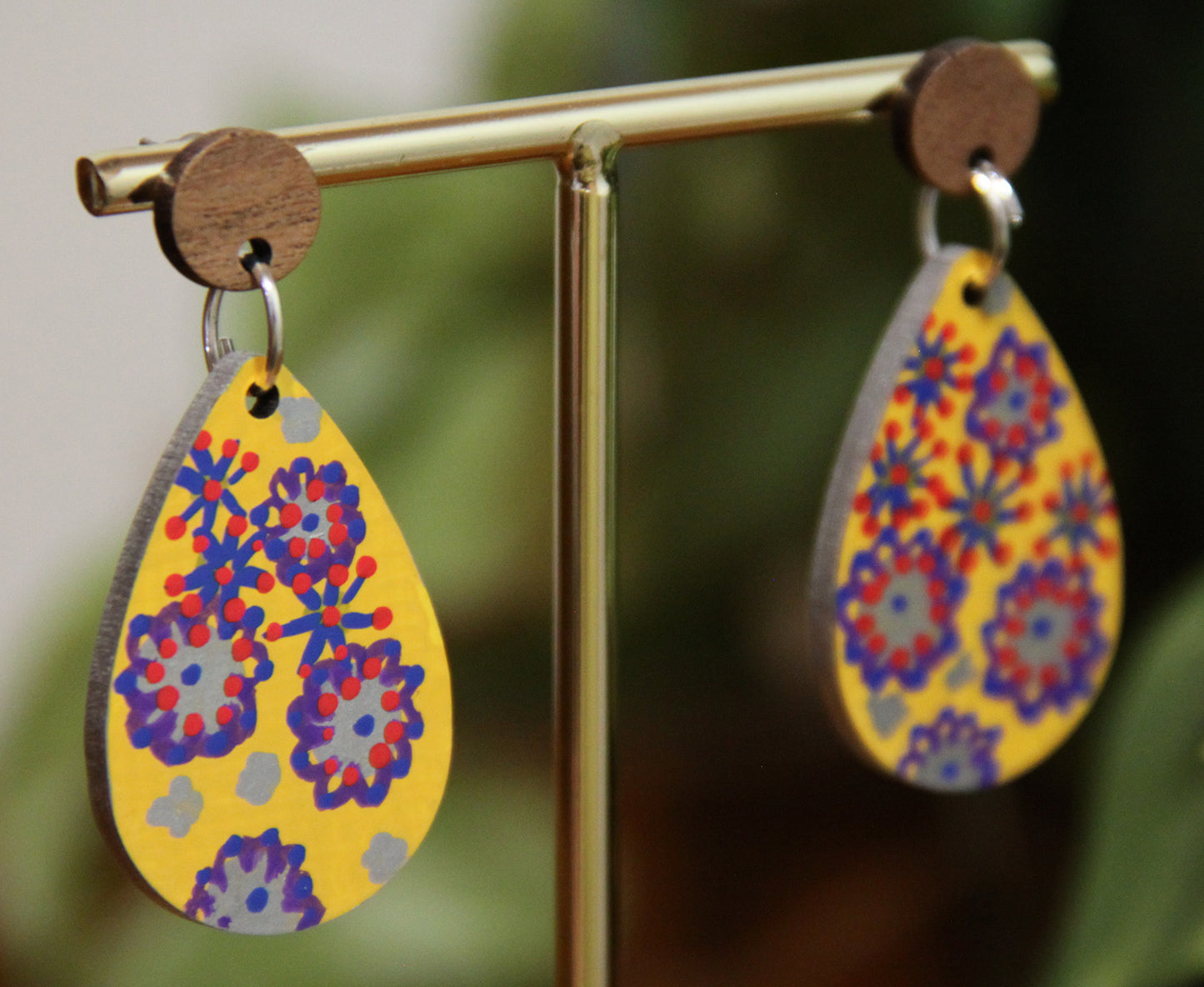 Yellow Floral Design Small Teardrop Earrings