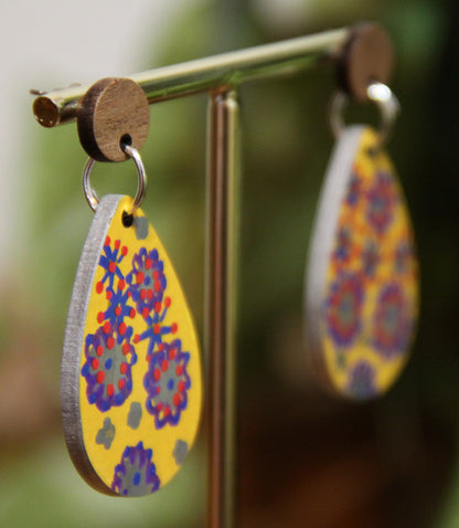 Yellow Floral Design Small Teardrop Earrings