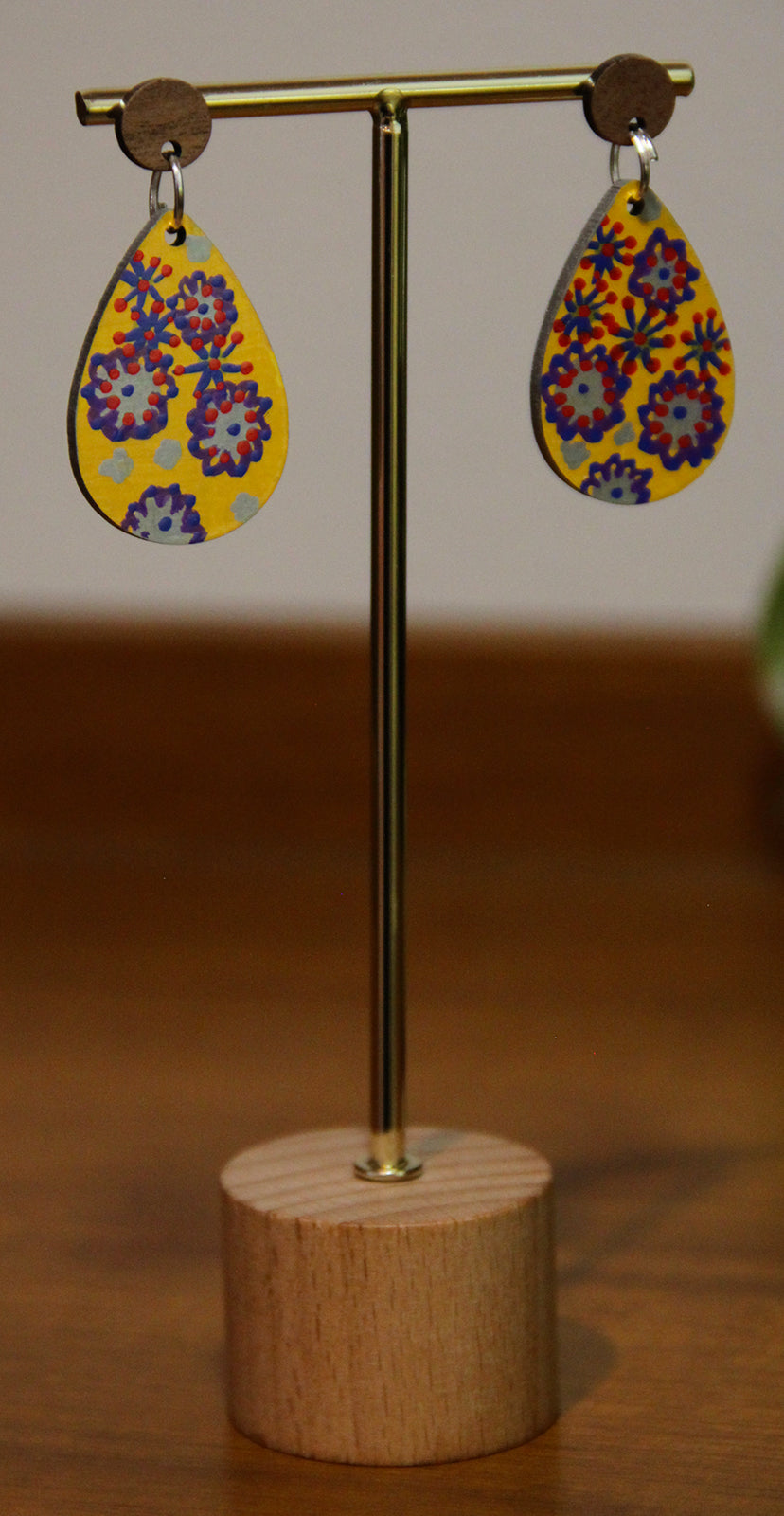 Yellow Floral Design Small Teardrop Earrings