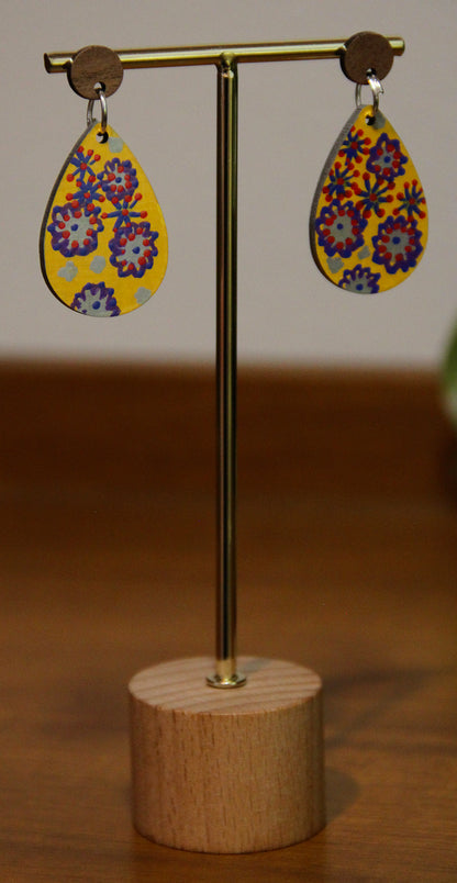 Yellow Floral Design Small Teardrop Earrings