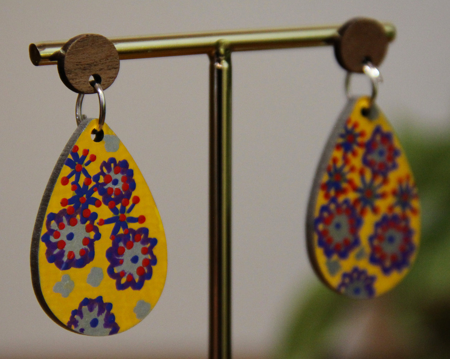 Yellow Floral Design Small Teardrop Earrings