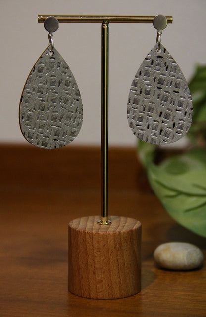 Silver Etched Burnt Wood Teardrop Earrings