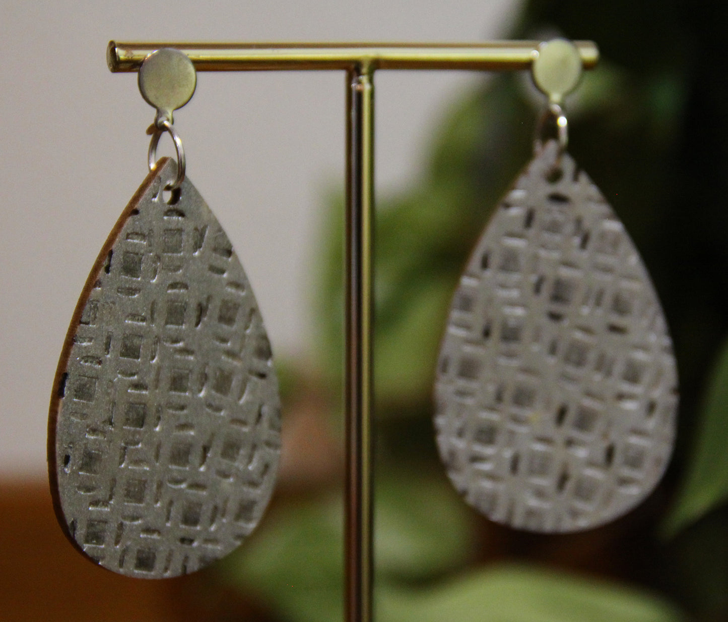 Silver Etched Burnt Wood Teardrop Earrings
